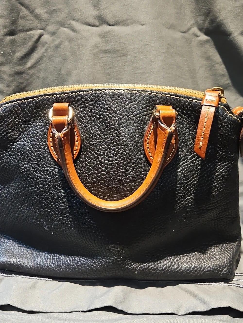 Dooney & Bourke Black Pebbled Leather Satchel with Brown Trim